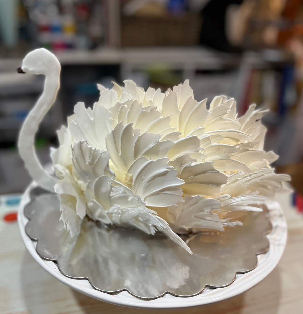 White Swan Cake with Buttercream Feathers